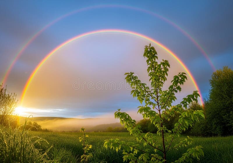 A stunning landscape featuring a vibrant double rainbow arching across the sky. The royalty free illustration