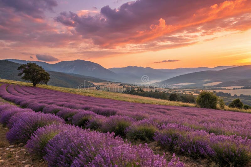 Stunning landscape with lavender field at sunset - generated by ai royalty free illustration