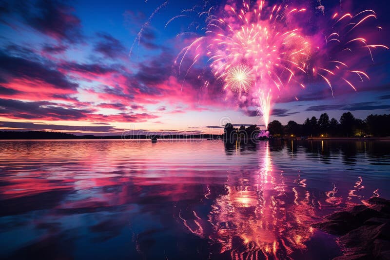 A stunning long exposure photograph capturing a mesmerizing fireworks display illuminating the night sky. The bursts of color reflect on the serene surface of a calm lake, creating a breathtaking spectacle. Shot with a wide-angle lens on a professional DSLR camera, this image showcases the vibrant explosion of various shapes, sizes, and colors. AI Generated. A stunning long exposure photograph capturing a mesmerizing fireworks display illuminating the night sky. The bursts of color reflect on the serene surface of a calm lake, creating a breathtaking spectacle. Shot with a wide-angle lens on a professional DSLR camera, this image showcases the vibrant explosion of various shapes, sizes, and colors. AI Generated