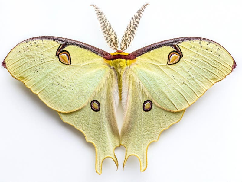 Stunning luna moth rests with its expansive pale green wings fully displayed, highlighting delicate patterns and royalty free stock photo