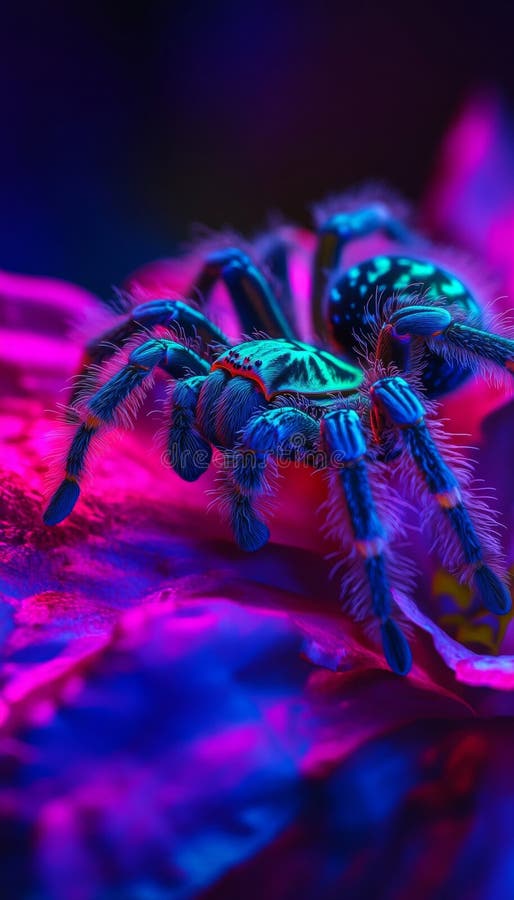 Stunning macro capture of caribena versicolor tarantula on exotic flower with vibrant petals vector illustration