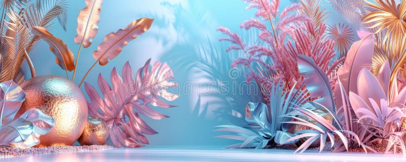 Redare 3d minimalistă a plantelor tropicale abstracte cu culori vibrante și texturi metalice royalty free illustration