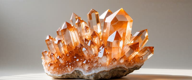 Stunning natural orange quartz crystal cluster with sharp translucent facets reflecting light in a beautiful intricate royalty free stock photo