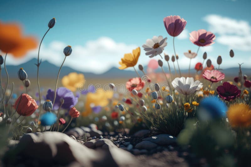 Stunning nature landscape close-up with wild spring flowers field and blue sky royalty free illustration