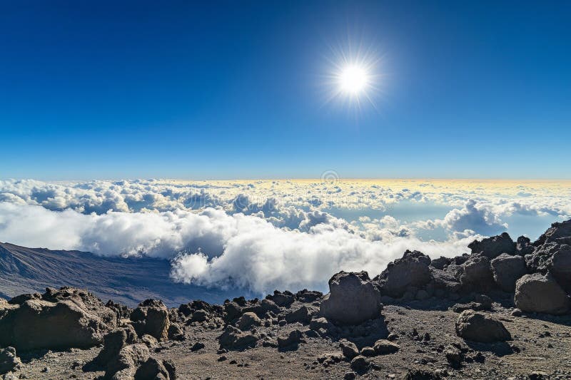 Stunning panoramic scene of majestic mountain peaks above clouds with blue sky and sunlight royalty free illustration
