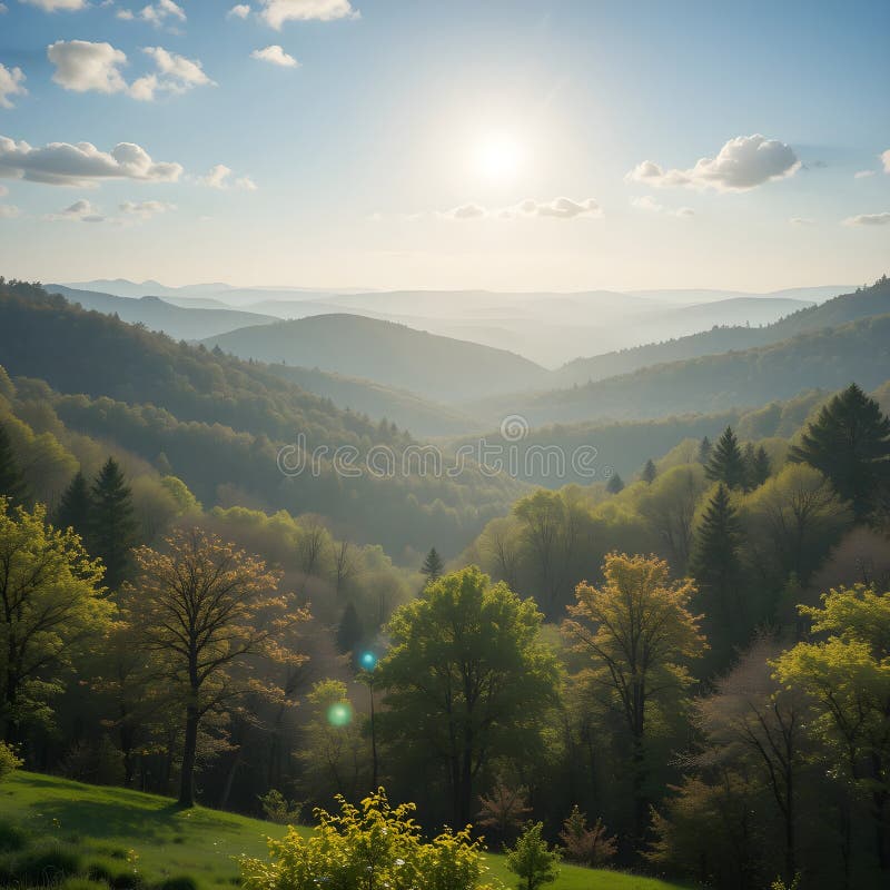 Stunning Panoramic Spring Landscape with Sunlit Green Forest royalty free illustration