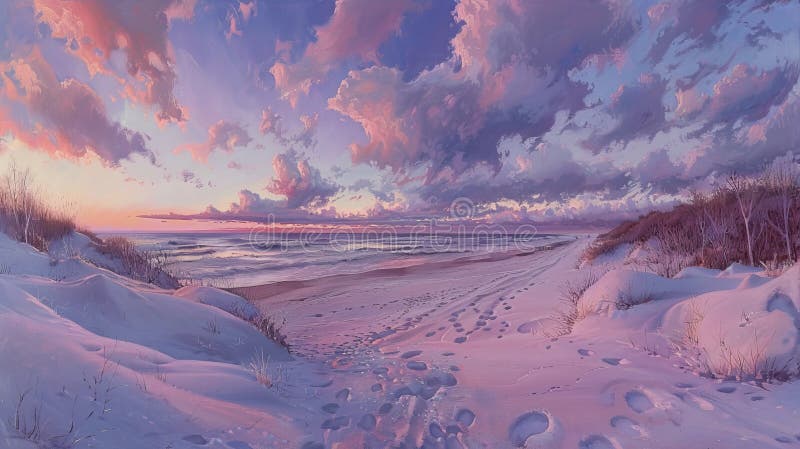Stunning panoramic sunrise view of the beach from majestic high dunes with vibrant colors stock illustration