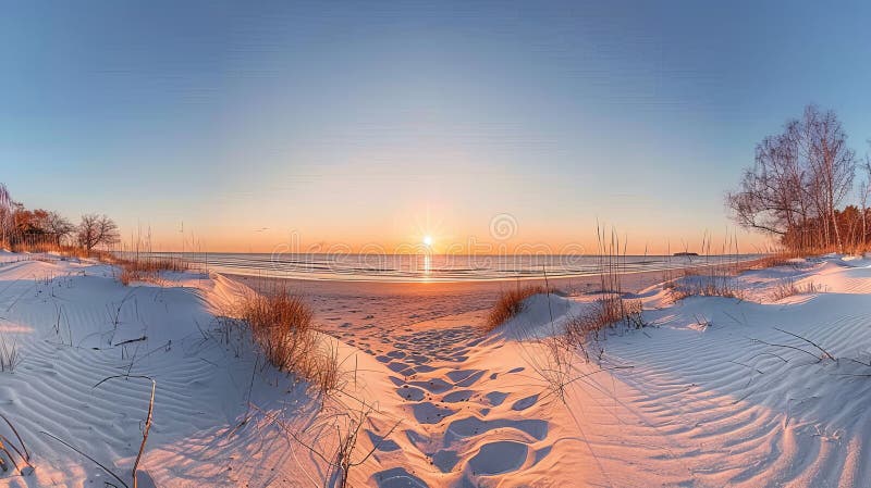 Stunning panoramic view of the beach at sunrise from the high dunes, showcasing nature s beauty. stock illustration