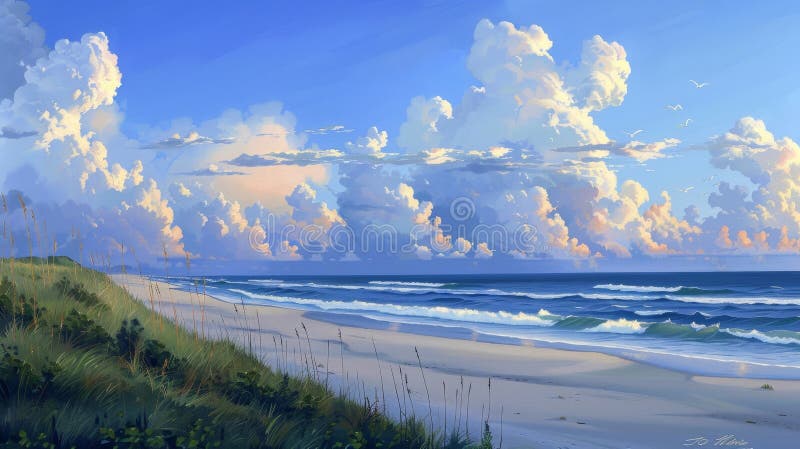 Stunning panoramic view of the beach at sunrise from high dunes, showcasing nature s beauty. vector illustration