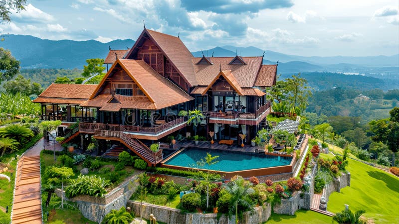 A stunning panoramic view of a beautiful traditional house with lush gardens and a serene pool, surrounded by majestic mountains royalty free illustration