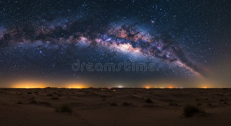 A stunning panoramic view of a desert landscape under a clear night sky. The Milky royalty free illustration