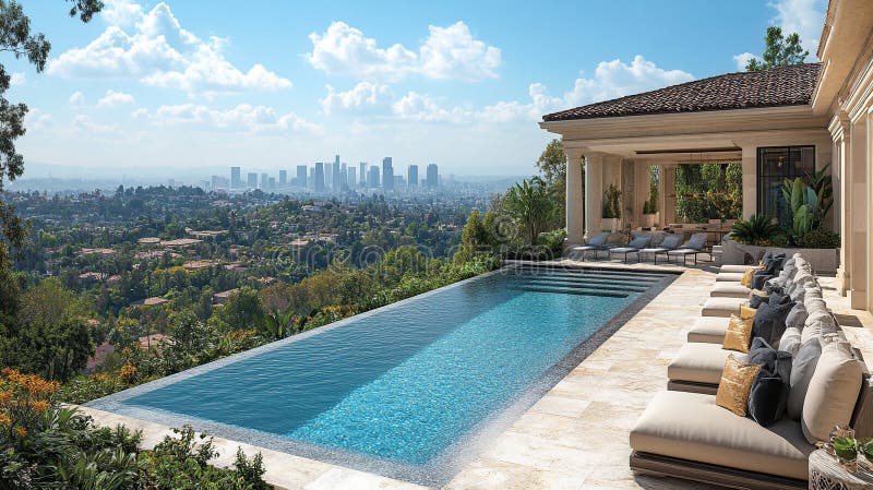 Stunning panoramic view infinity pool overlooking city. Lush greenery, elegant patio, luxurious outdoor living stock illustration