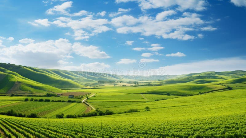 Stunning panoramic view of lush green vineyards under a bright blue sky and rolling hills royalty free illustration