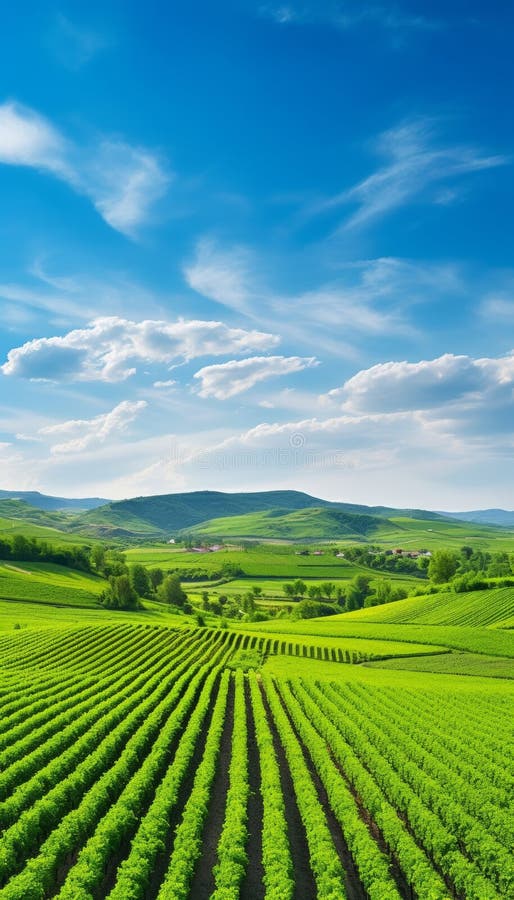 Stunning panoramic view of lush vineyards and expansive fields under a clear blue sky royalty free illustration