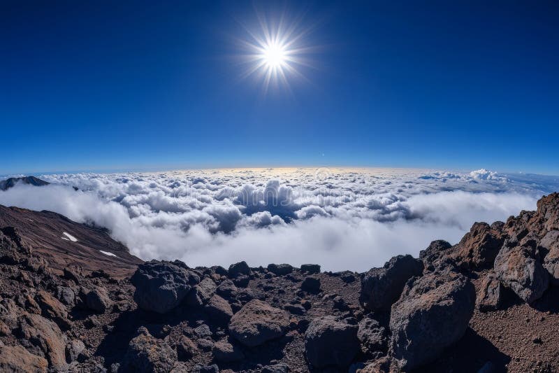 Stunning panoramic view of majestic mountain peaks above clouds with blue sky and sunlight royalty free illustration