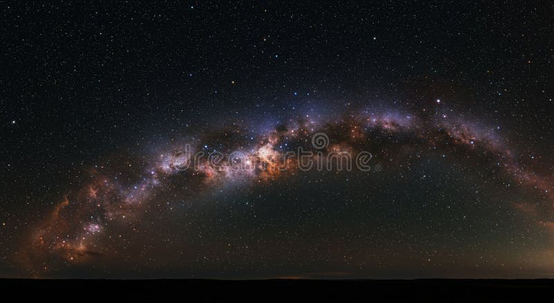 A stunning panoramic view of the Milky Way galaxy arches across a clear night sky. stock illustration