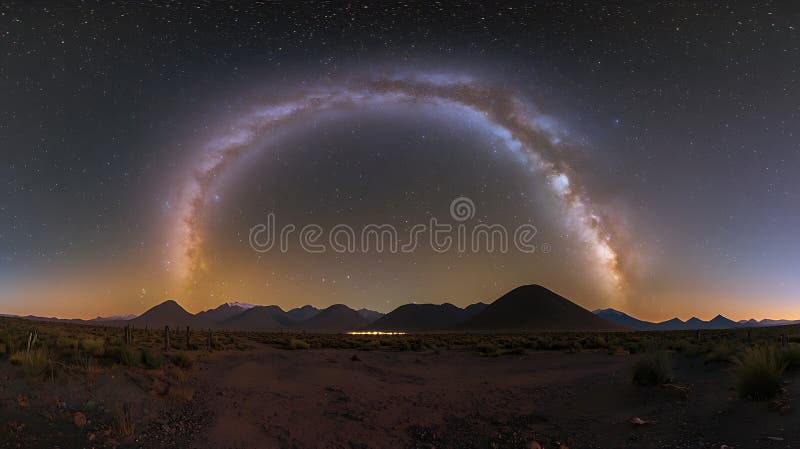 A stunning panoramic view of the Milky Way stretches across the night sky vector illustration