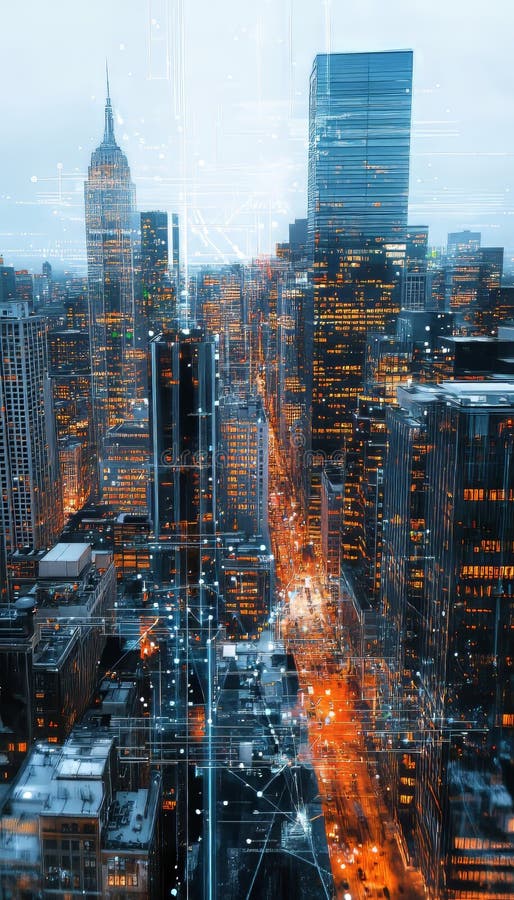 Stunning panoramic view of modern city skyline at dawn with digital data overlays and cool colors stock illustration