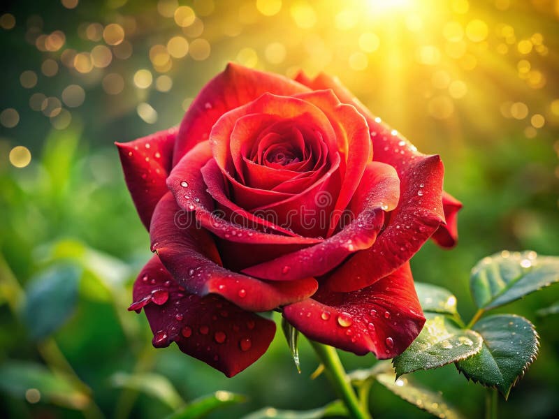 Stunning Panoramic View of a Vibrant Red Rose Blossoming in a Sunlit Garden A Breathtaking Floral Photography Display royalty free illustration