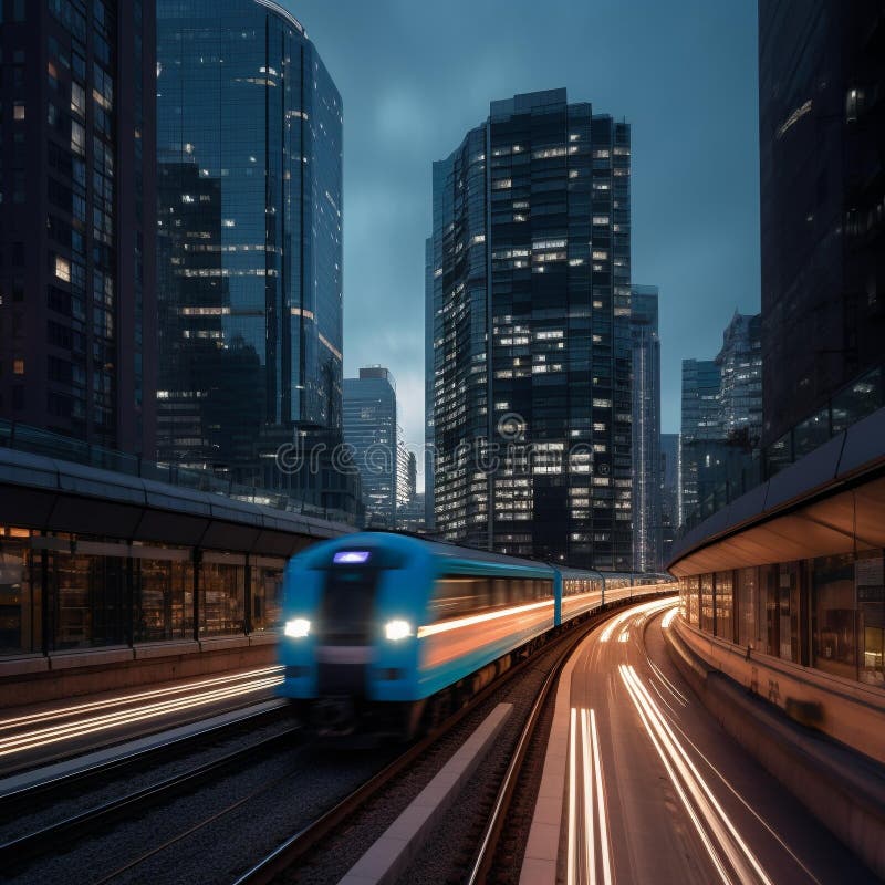 Ohromujúci fotografie zachytenie rýchlosť modernosť z dochádzajúci vlak ako to ponáhľa cez rušný mesto počas čoskoro, nebetyčný mrakodrapy mestský budovy v.