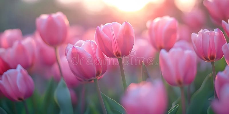 Stunning Pink Tulip Field at Sunset Beautiful Spring Flowers vector illustration