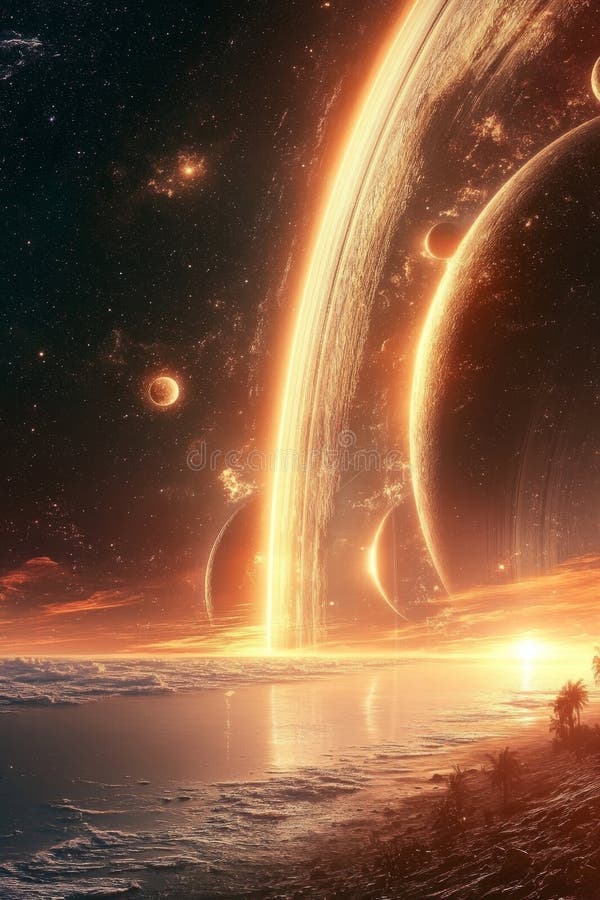 Stunning Planetary Rings Above a Horizon with Moons and a Beautiful Sunrise Reflection in Space stock illustration
