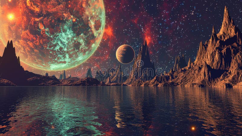Stunning planetary scene with glittering crystal lakes and twin sunlit horizons in the sky royalty free illustration