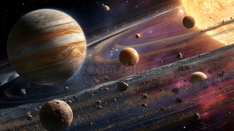 Stunning Planetary System with Asteroid Belt and Glowing Star stock illustration