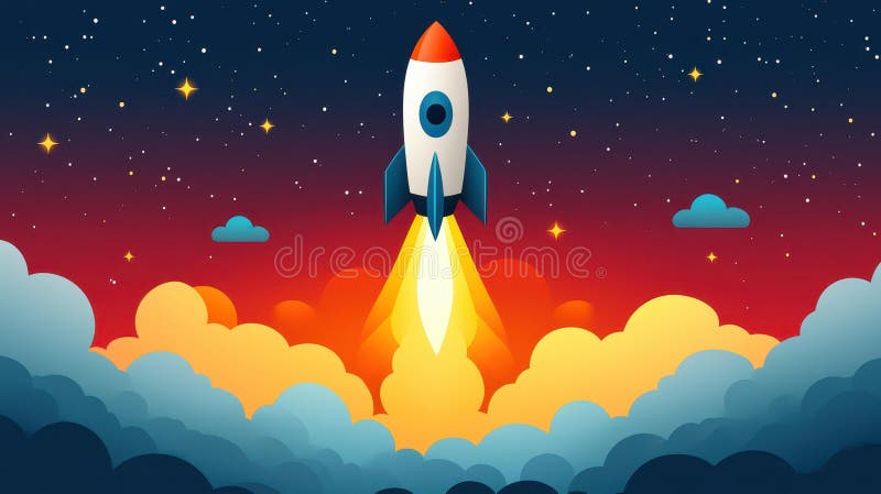 A stunning pop art depiction of a rocket launch at sunset, bursting with vibrant colors and dynamic cloud patterns royalty free illustration