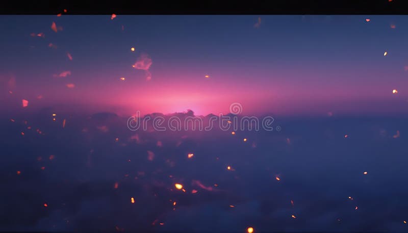 Stunning purple sunset over cloudy horizon with floating embers stock photography