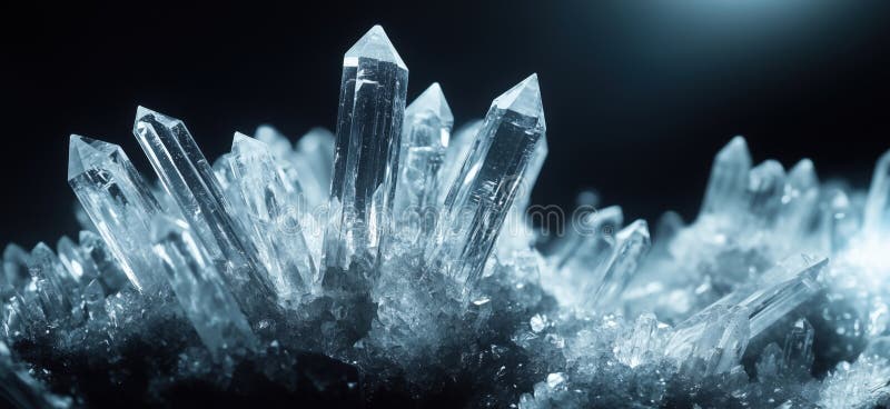 Stunning Quartz Crystal Formation with Sharp Points and Glimmering Surface Reflecting Light, copy space for text stock image