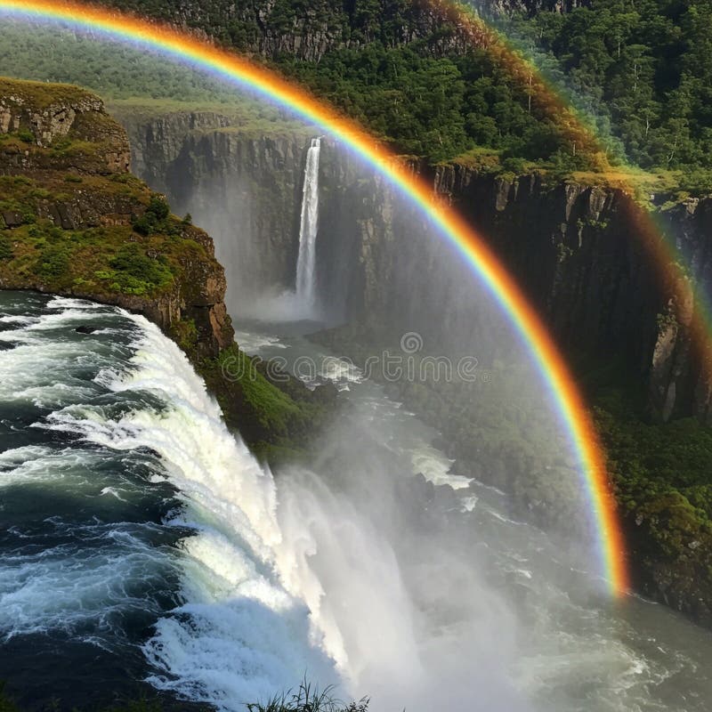 A stunning rainbow arches over a powerful waterfall, likely Victoria Falls on the royalty free illustration