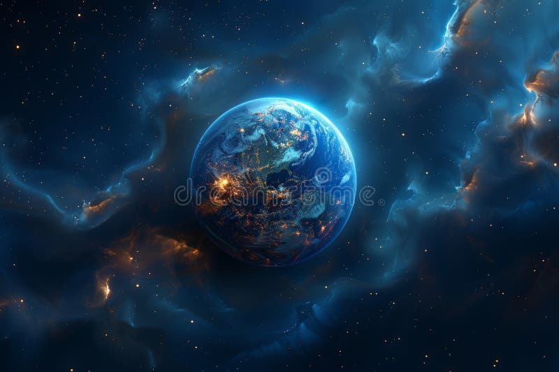 Stunning realistic earth depicted against a deep space background with a vibrant blue atmosphere stock illustration