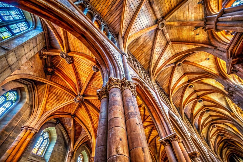 Stunning Rustic Interior Design Closeup View of Aged Wooden Cathedral Ceiling Beams vektor illustrationer