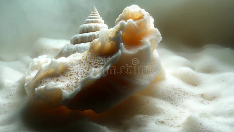 Natural beauty of a seashell surrounded by ocean foam on a tranquil shore during sunset vector illustration