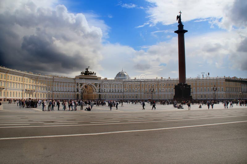 Stunning sky over the Palace Square. Changeable weather of St. Petersburg.