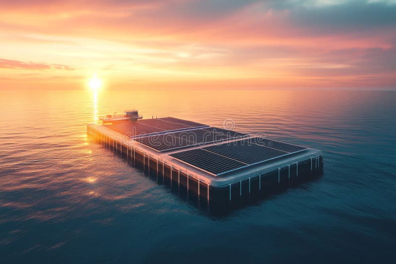 A stunning solar energy platform floating on calm waters. The sunset creates a warm glow around the eco-friendly royalty free stock photography