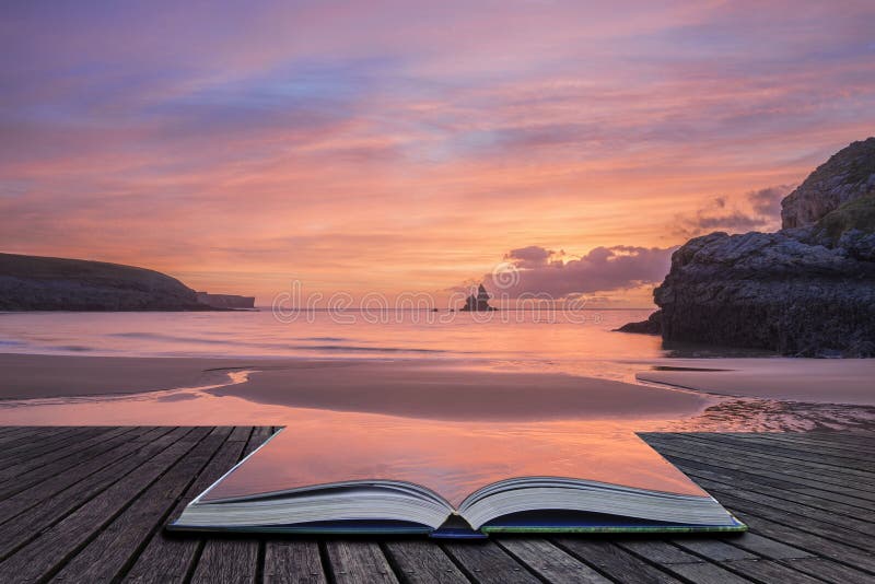 Stunning sunrise landsdcape of idyllic Broadhaven Bay beach on Pembrokeshire Coast in Wales in pages of imaginary story book. Stunning sunrise landsdcape of idyllic Broadhaven Bay beach on Pembrokeshire Coast in Wales in pages of imaginary story book