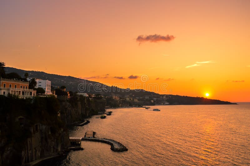 Stunning Sunset Over the Beautiful Sorrento, Italy Stock Image Image