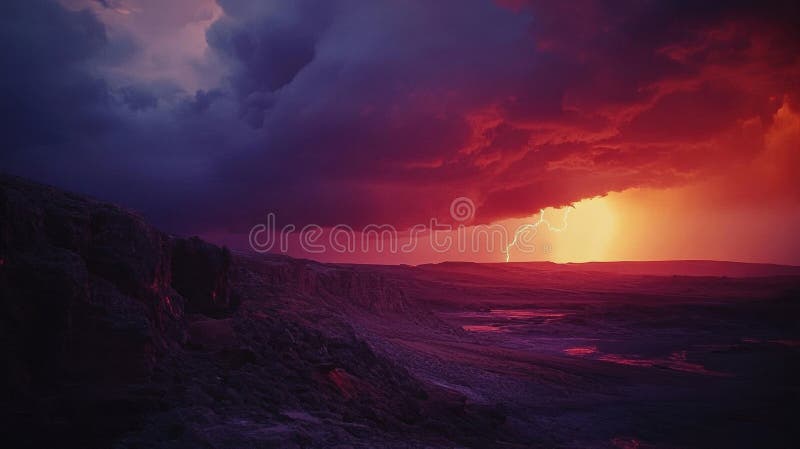 Stunning sunset over a dramatic landscape with dark clouds and lightning in the sky, creating a captivating view in vibrant colors stock illustration
