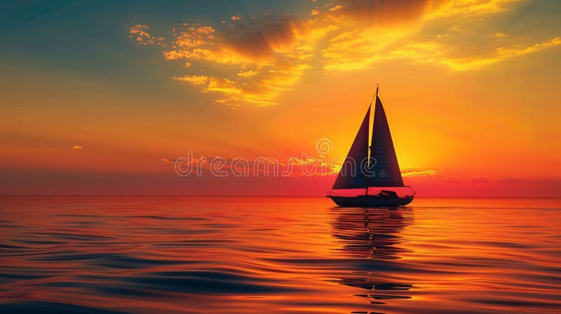Stunning Sunset Sailboat Ocean View Dramatic Sky Golden Hour Peacnice Seascape Tranquil Sailing Yacht Summer royaltyfri illustrationer