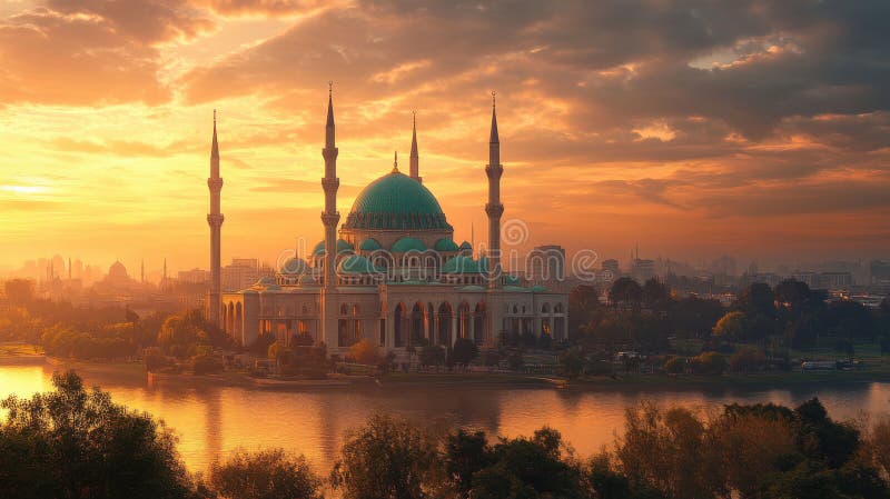 Stunning sunset view of majestic mosque with reflective water and dramatic skyline in serene urban setting stock illustration