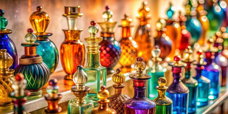 A Stunning TiltShift Perspective on a Vintage Perfume Bottle Wall Display Celebrating Antique Fragrances and Exquisite stock illustration
