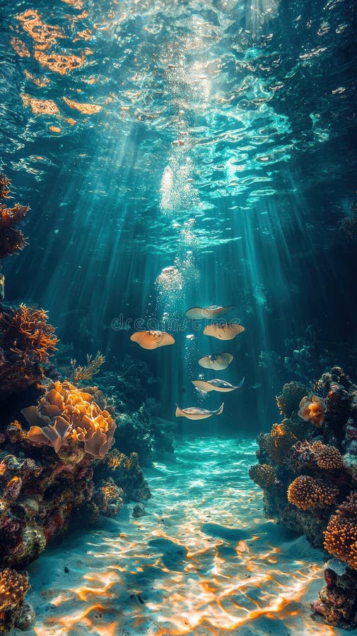 Stunning underwater vista with vibrant coral reef, colorful fish, and sun rays piercing through water. stock photos