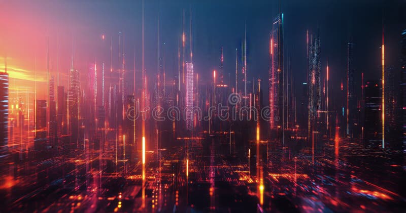 Exploring a Vibrant Digital Cityscape Filled With Glowing Data Streams and Futuristic Lights stock image