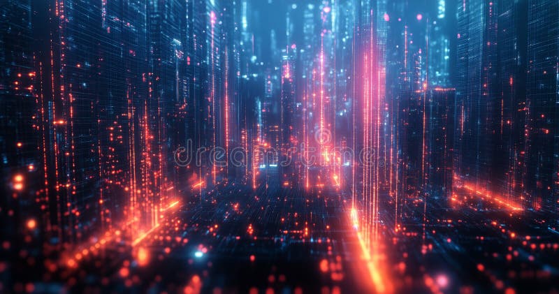 Exploring a Vibrant Digital Cityscape Filled With Glowing Data Streams and Futuristic Lights royalty free stock images