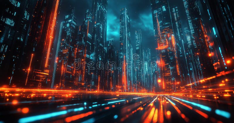 Exploring a Vibrant Digital Cityscape Filled With Glowing Data Streams and Futuristic Lights stock images