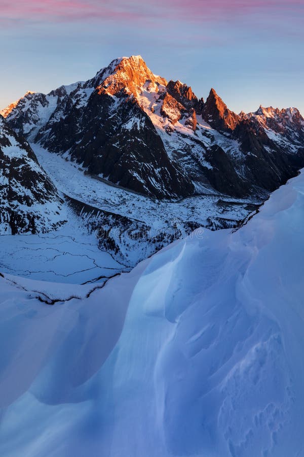 Stunning view of Mont Blanc massif and his melting glaciers. Winter adventures in the Italian French Alps. Courmayeur, Aosta. royalty free stock photo Stunning view of Mont Blanc massif and his melting glaciers. Winter adventures in the Italian French Alps. Courmayeur, Aosta. royalty free stock photo