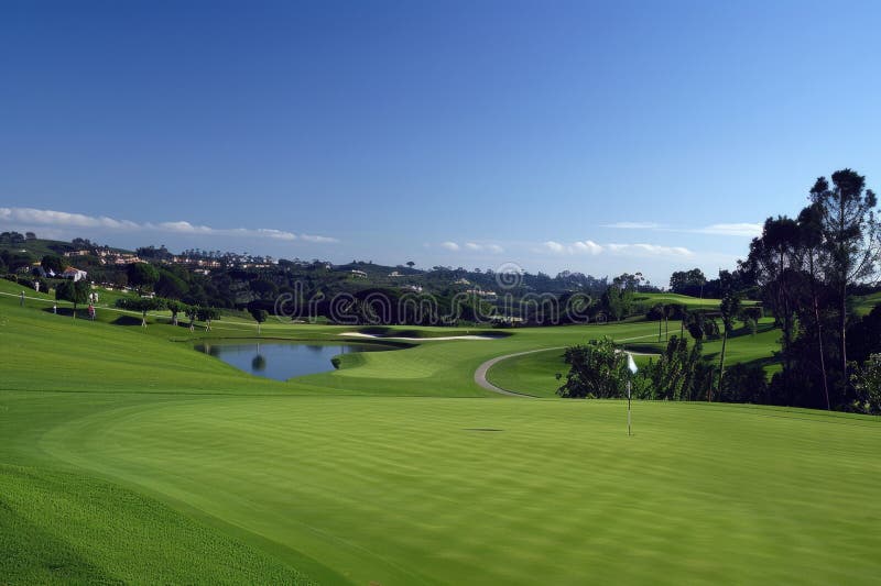 A stunning view showcases lush green fairways, meandering bunkers, and tranquil water hazards at Serenity Golf Course. Golfers can be seen enjoying a leisurely round under the clear blue sky. AI generated