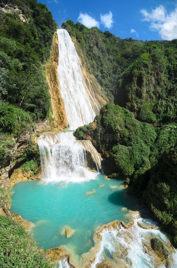 Stunning view to El Chiflon waterfall stock photo Stunning view to El Chiflon waterfall stock photo